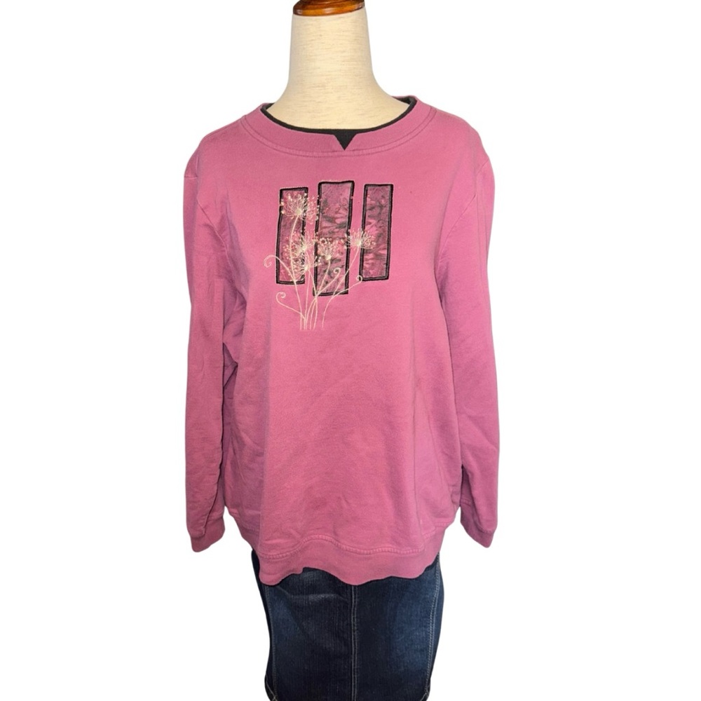 Vintage 90s Grandmacore Sweatshirt 1X Pink Embroidered Dandelion Rhinestone Cozy
